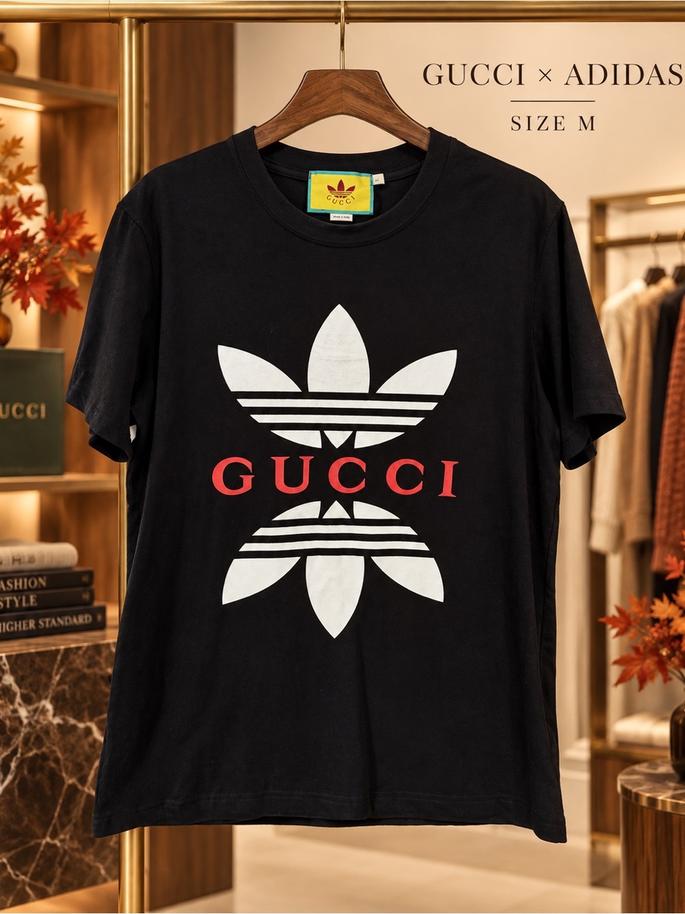 adidas black tee with white trefoil and red GUCCI print